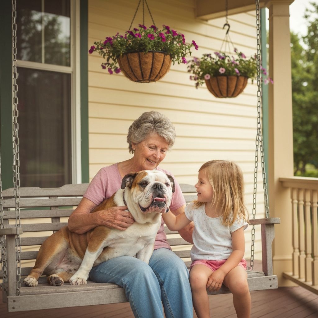 Grandmother with grandchild and an English Bulldog