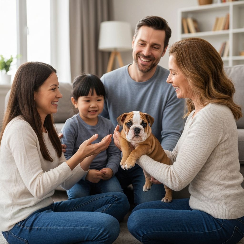 Happy family receiving an English Bulldog puppy